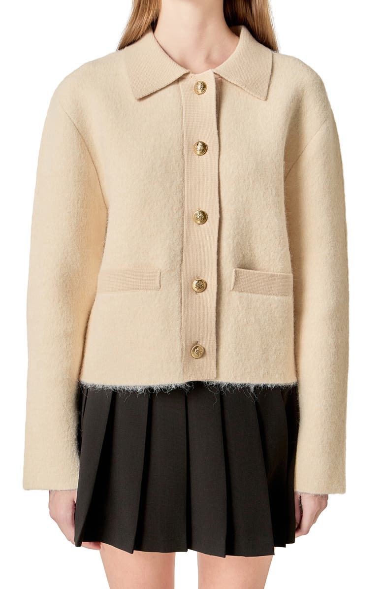 English Factory Contrast Placket Cardigan, Alternate, color, Cream