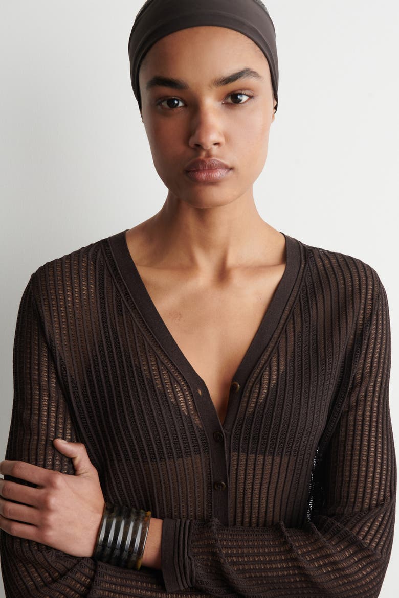 Ribbed Open-knit Cardigan, Alternate, color, BROWN