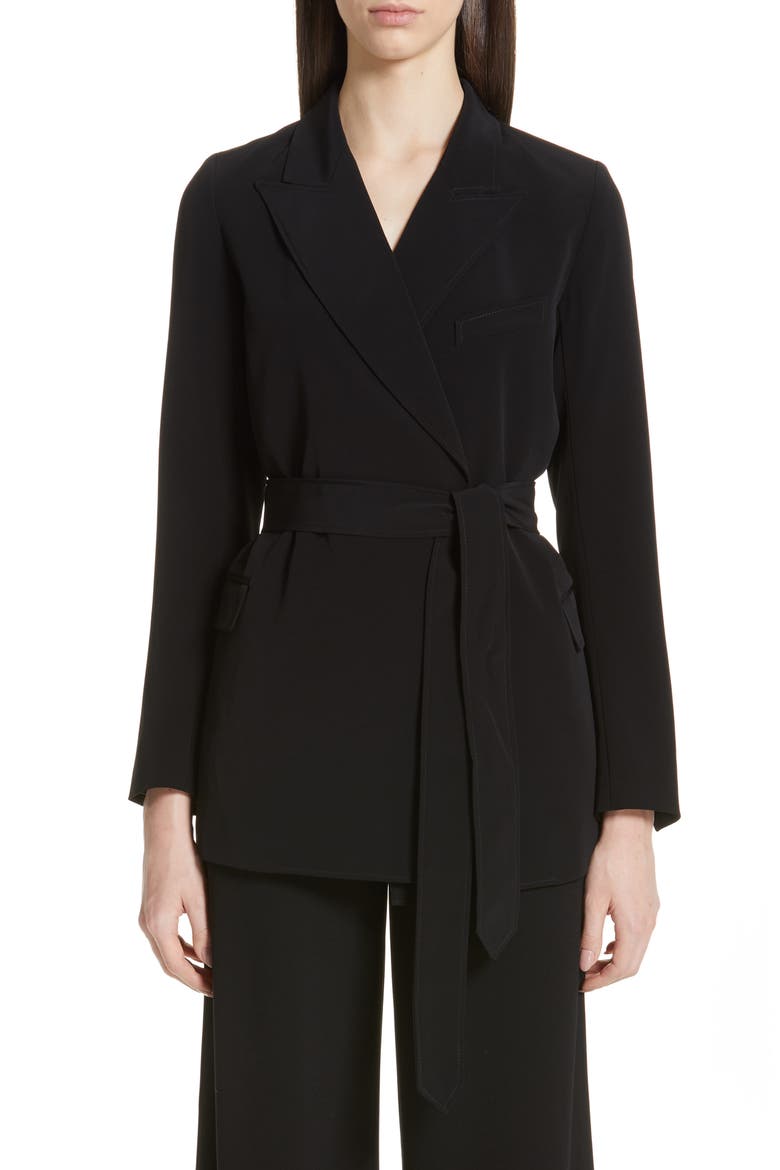 Tie Waist Stretch Crepe Blazer, Main, color, BLACK