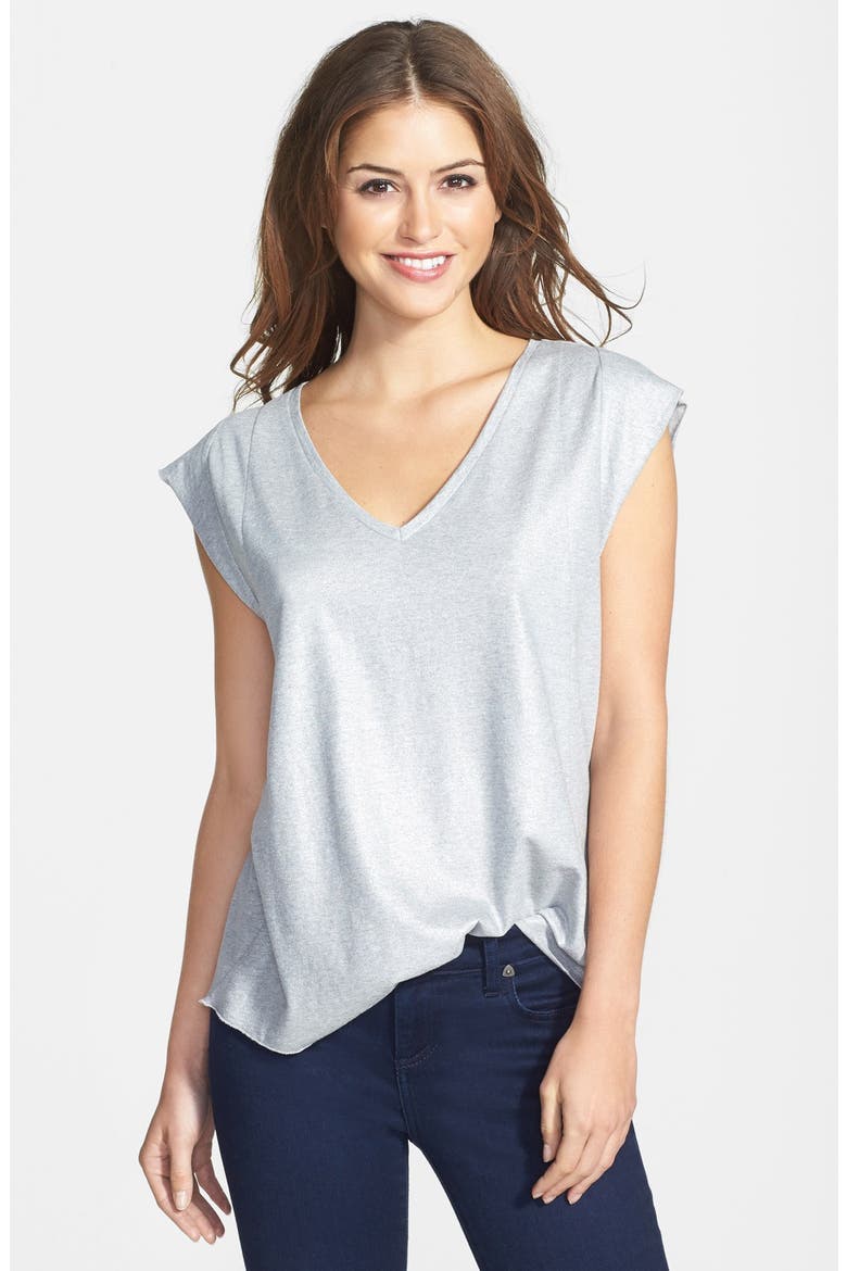 Back Cutout Foiled Jersey V-Neck Top, Main, color, SILVER FOI