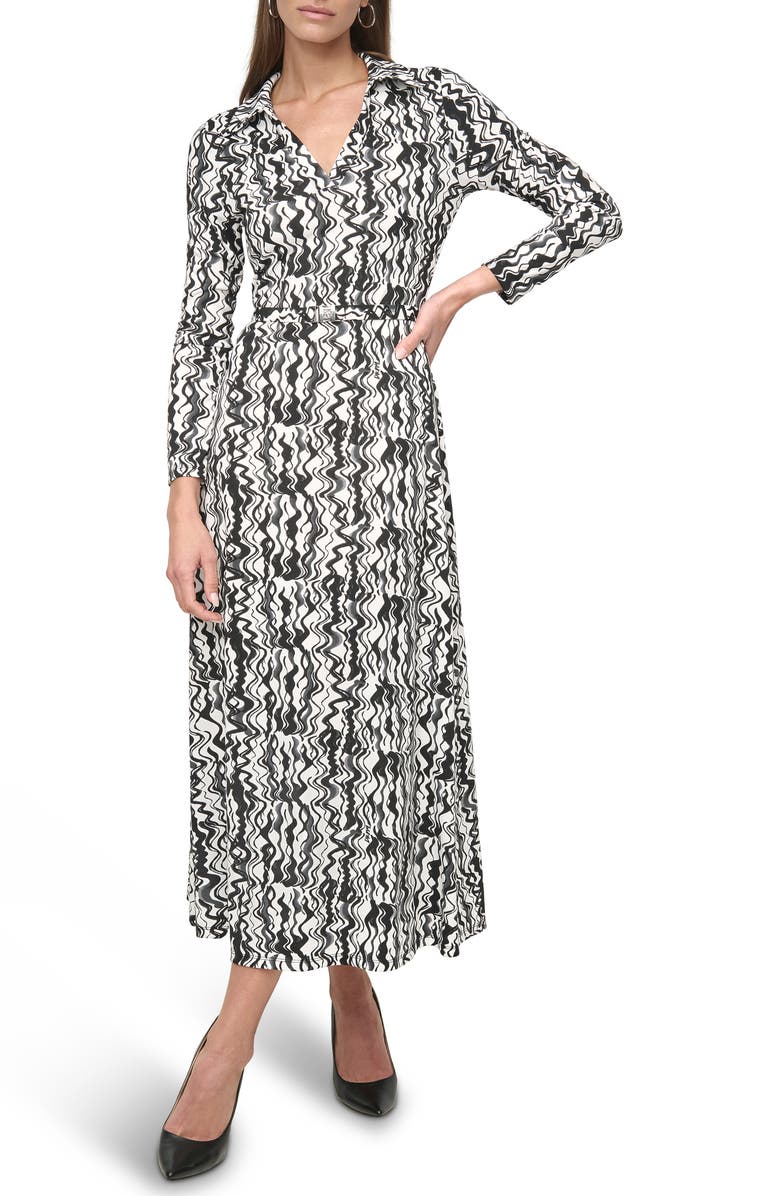 DKNY Long Sleeve Belted Maxi Dress, Main, color, Ivory/ Black