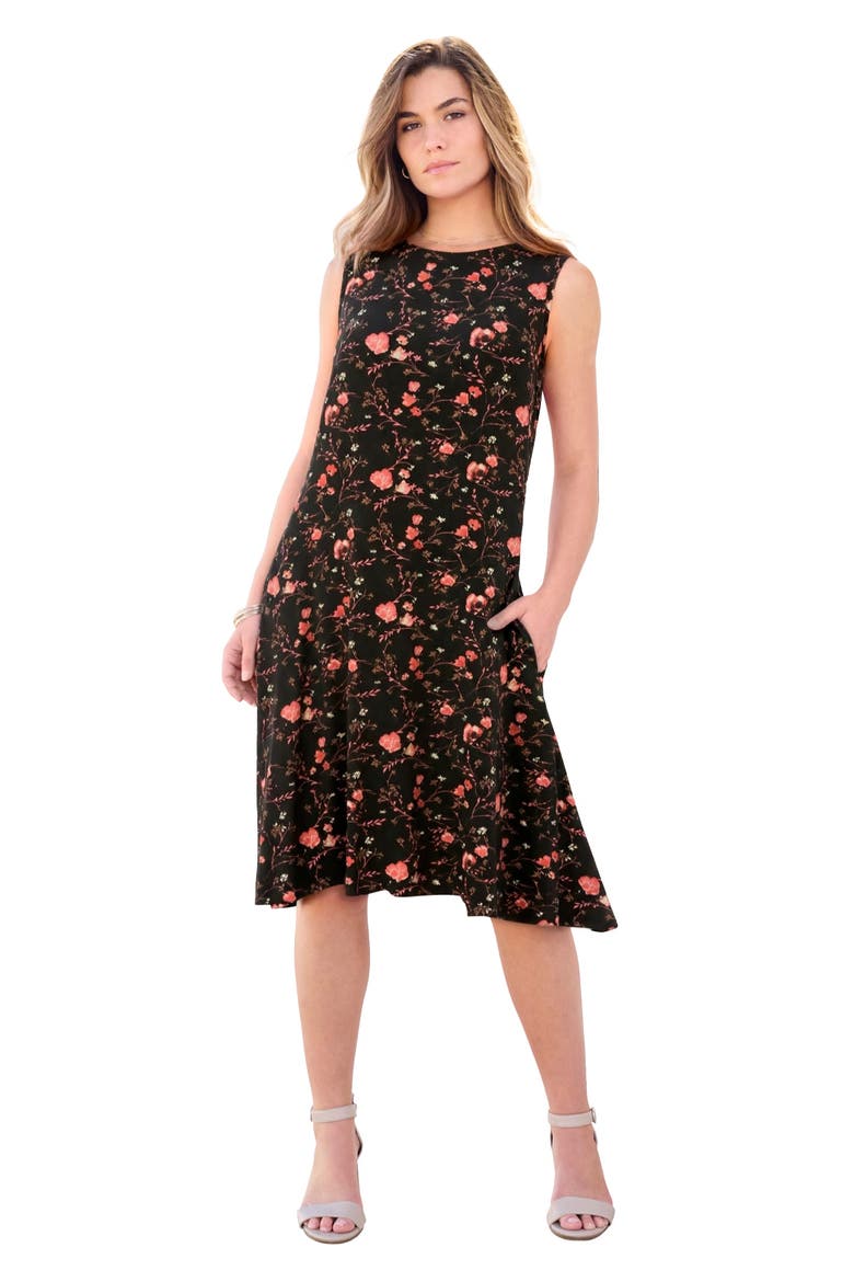 Plus Size Stretch Knit Two Pocket Swing Tank Dress, Main, color, BLACK WILDFLOWERS