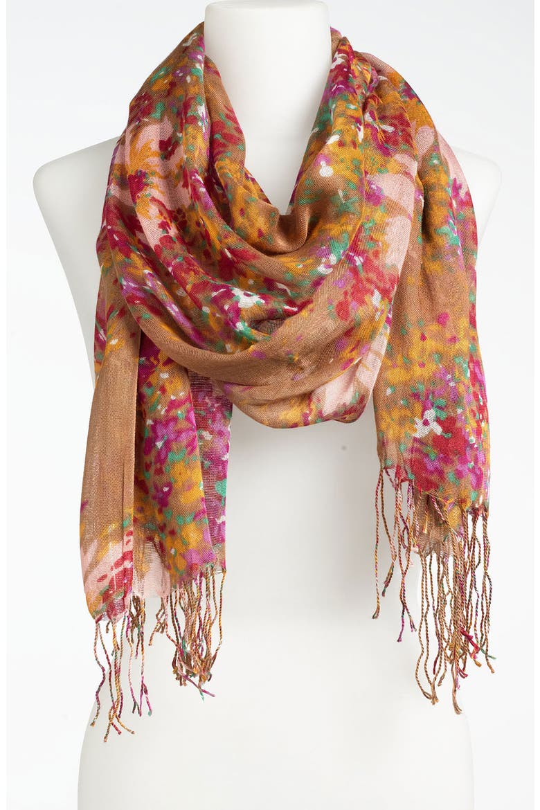 Watercolor Floral Fringe Scarf, Main, color, TAN