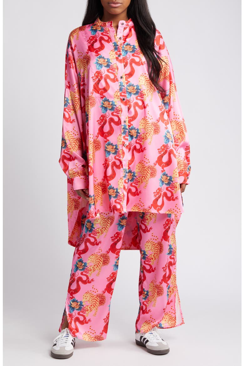 Dragon Satin Long Sleeve Top & Pants Set, Main, color, PINK DRAGON