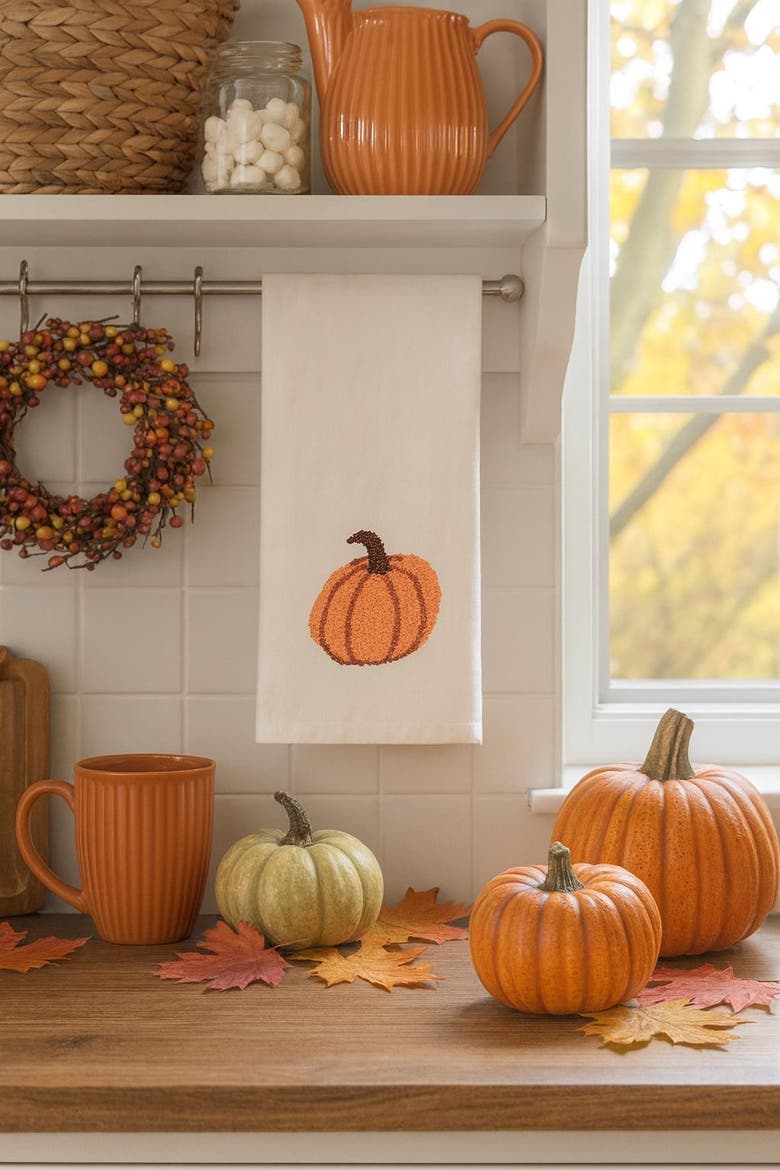 Pumpkin French Knot Cotton Flour Sack Kitchen Dishtowel, Alternate, color, Orange