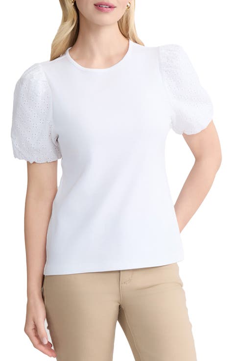 Eyelet Puff Sleeve Crewneck Top (Regular & Petite)