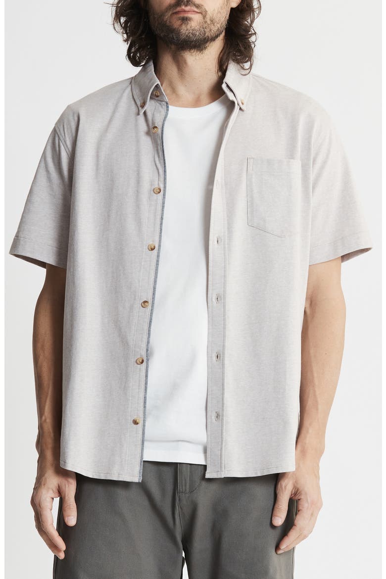 Short Sleeve Cotton Knit Button-Up Shirt, Main, color, KHAKI