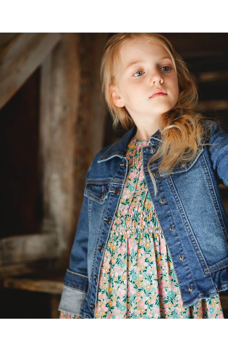Deux par Deux Denim Jacket with Ruffle Hem and Floral Embroidery, Main, color, Blue Denim