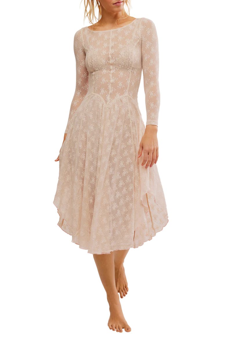 Dial for Drama Floral Mesh Lace Long Sleeve Nightgown, Main, color, CRYSTAL GREY