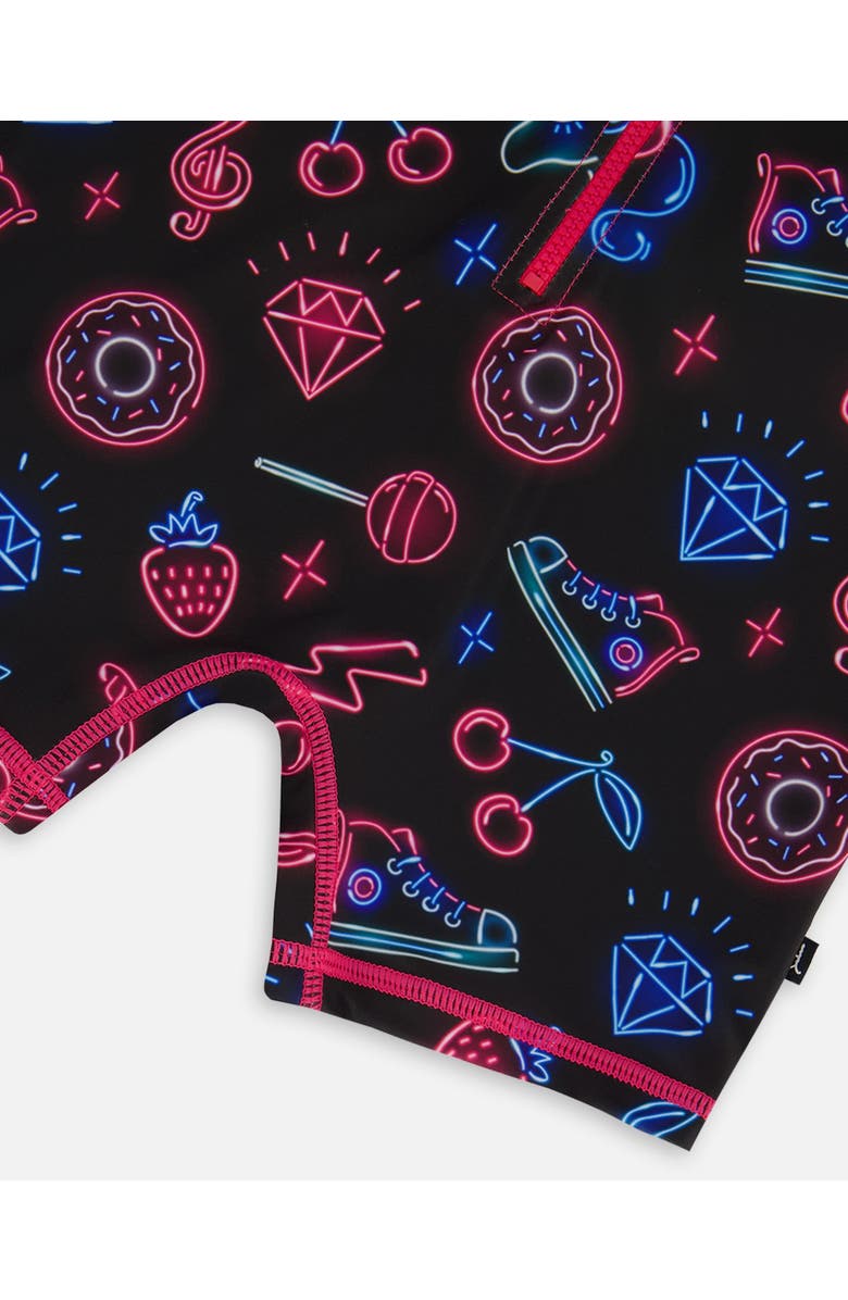 Deux par Deux Little Girl's Printed Long Sleeve One-Piece Rashguard Black And Blue And Pink Items, Alternate, color, Black And Blue And Pink Items