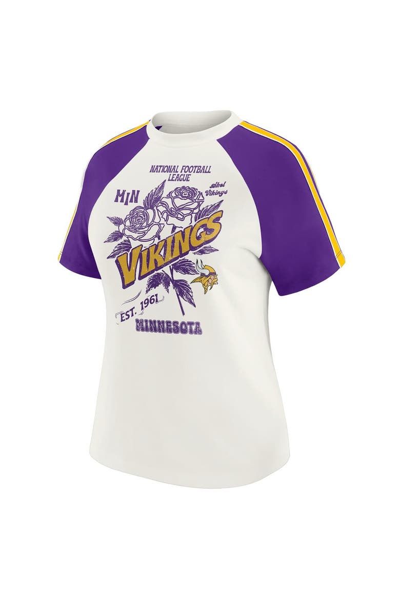 Women's WEAR by Erin Andrews White Minnesota Vikings Sleeve Stripe Distressed Raglan T-Shirt, Alternate, color, White
