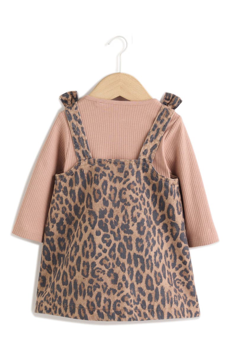 Leopard Denim Pinafore Dress, Ribbed Bodysuit & Tights Set, Alternate, color, PINK MULTI