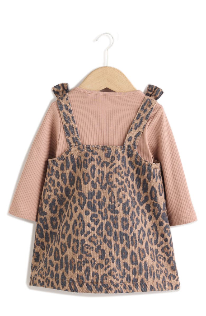 NEXT Leopard Denim Pinafore Dress, Ribbed Bodysuit & Tights Set, Alternate, color, Pink Multi