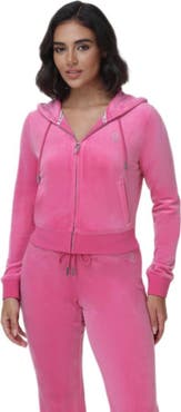 Juicy Couture Luxe Velour Zip Hoodie with Rhinestone Bling, Bubblegum