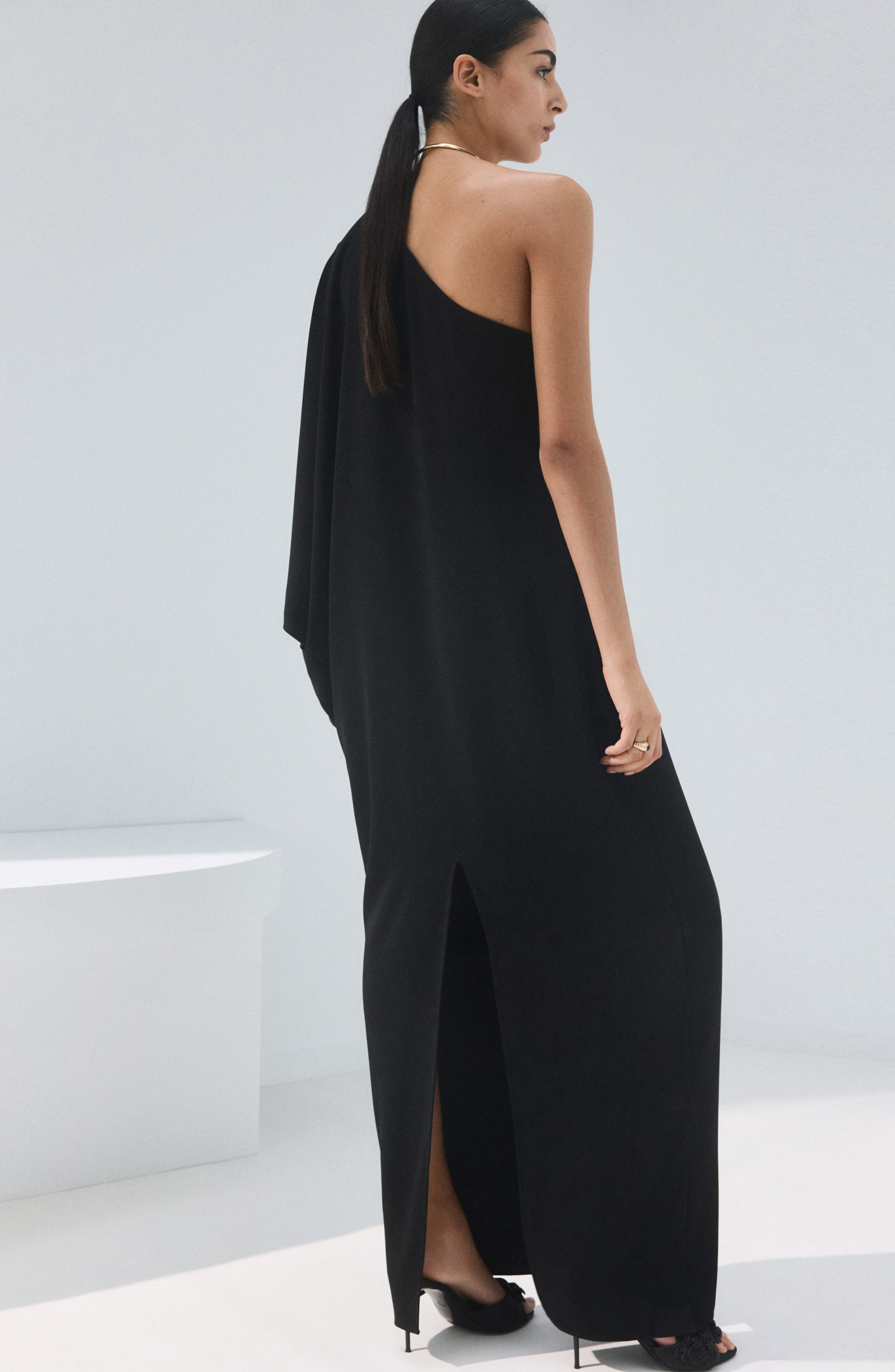 mango black one shoulder dress Mango one shoulder split side maxi dress in black