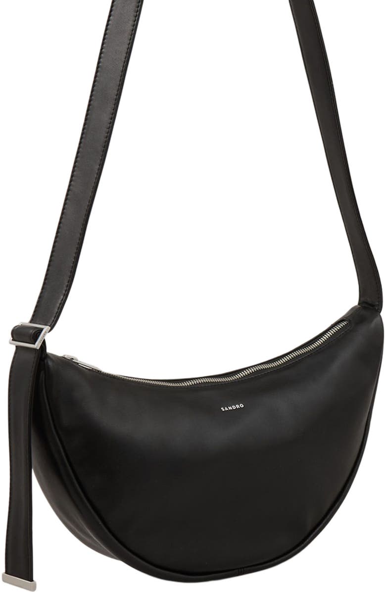 SANDRO Small leather hobo bag, Alternate, color, Black