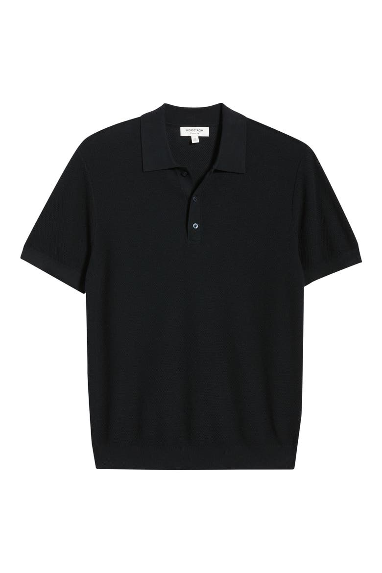 Short Sleeve Textured Cotton & Silk Polo Sweater, Alternate, color, BLACK