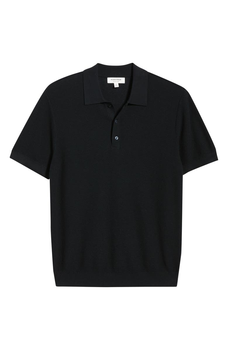 Nordstrom Short Sleeve Textured Cotton & Silk Polo Sweater, Alternate, color, Black