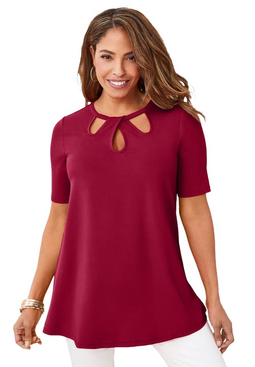 Jessica London Stretch Knit Cutout Swing Tunic In Red