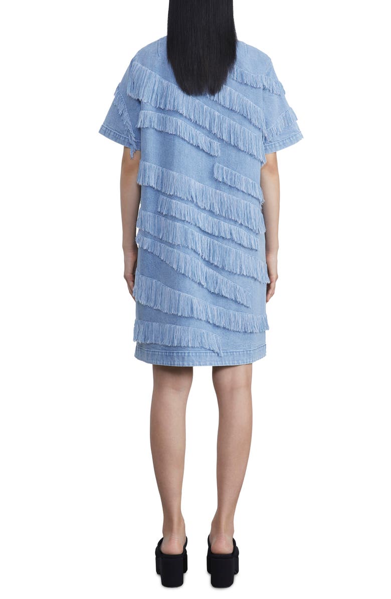 Lafayette 148 New York Asymmetric Fringe Trim Denim Shift Dress, Alternate, color, Stonewash Blue