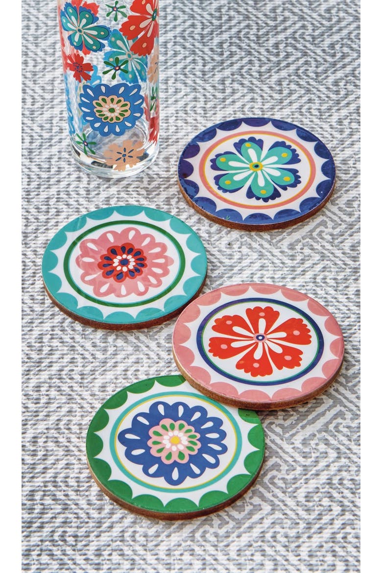 Eclectic Fun Multi Bar Coaster Set of 4 MDF Enamel 4x4x0.25 in, Alternate, color, Blue