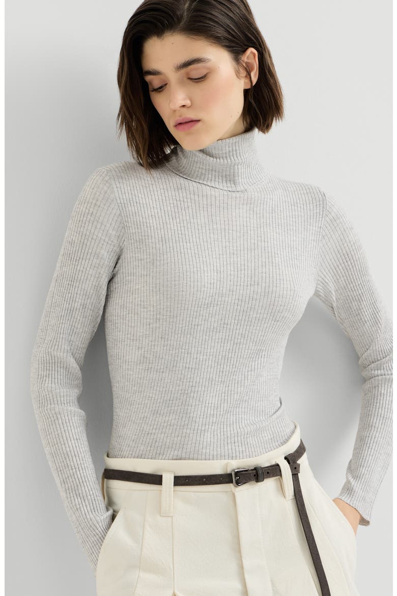 Lightweight turtleneck sweater in sparkling cashmere and silk rib knit, Alternate, color, Light Grey