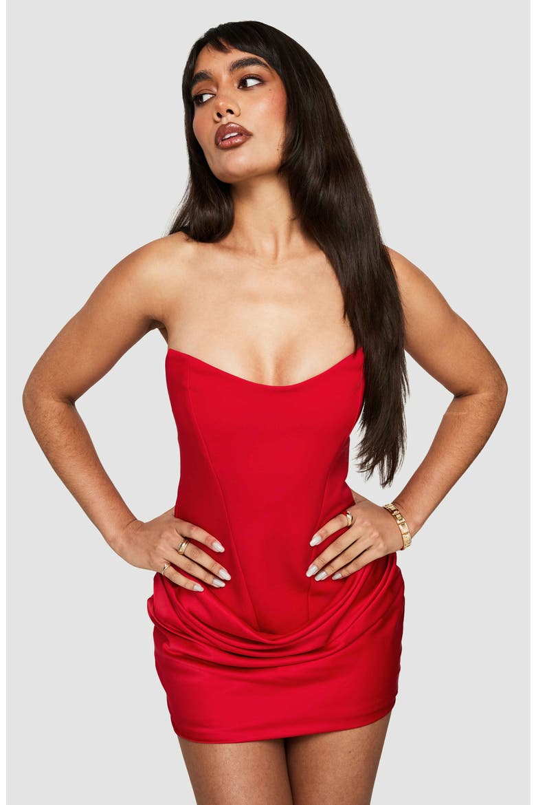 Delmina Strapless Satin Drop Waist Minidress, Alternate, color, RED