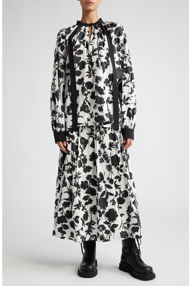 Udente Floral Print Tiered Cotton & Silk Skirt, Alternate, color, WHITE BLACK