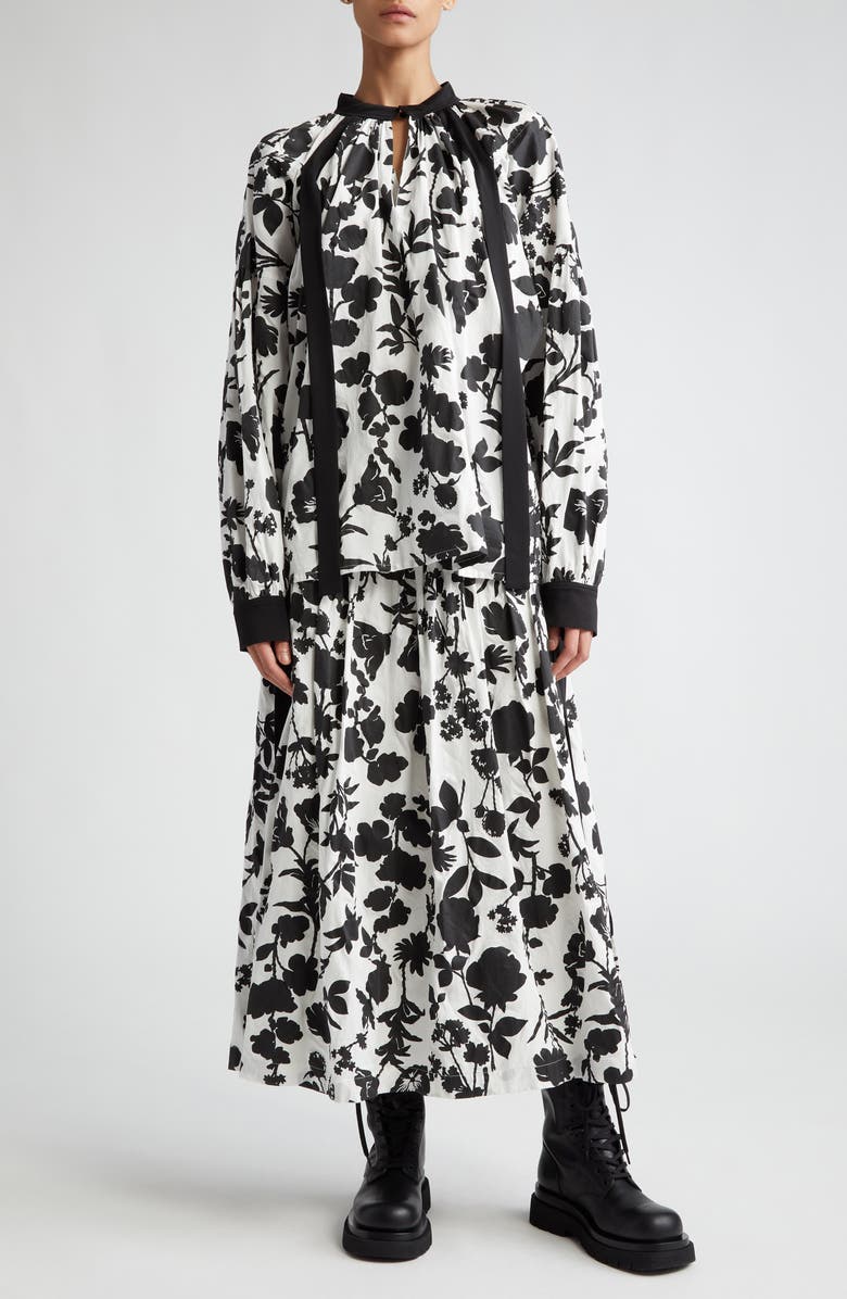 Max Mara Gaetana Floral Print Cotton & Silk Top, Alternate, color, White Black