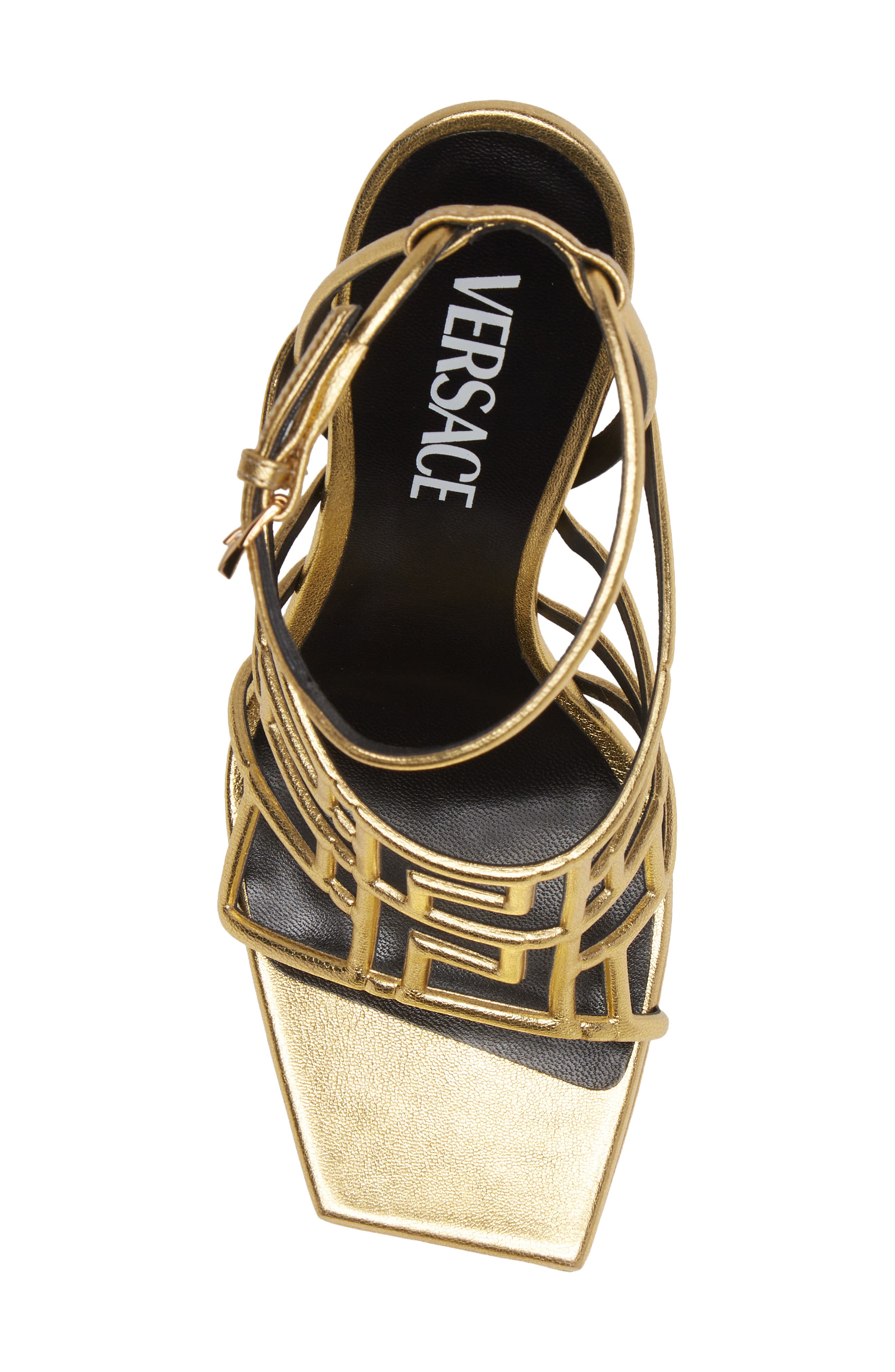 Versace Greek Key Cage Sandal, Alternate, color, 