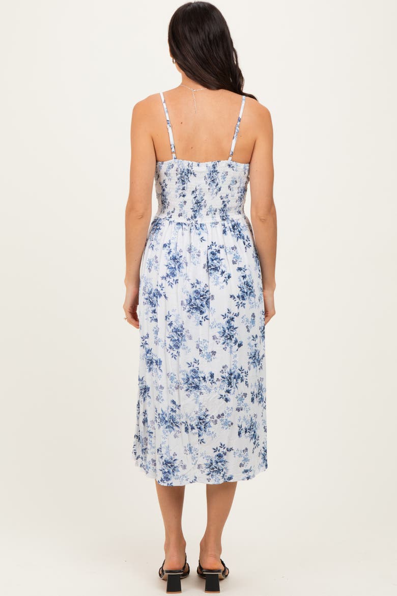 Blue Floral Twisted Front Midi Dress, Alternate, color, White