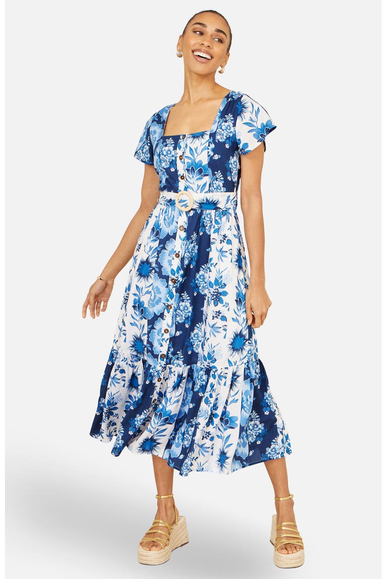 Floral Belted Midi Dress, Alternate, color, Blue