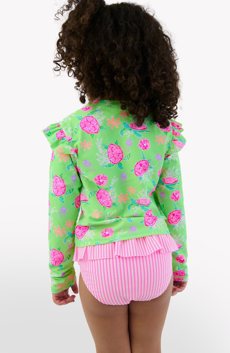 RuffleButts Kids' Long Sleeve Ruffle Hem Two-Piece Rashguard Swimsuit, Alternate, color, Green