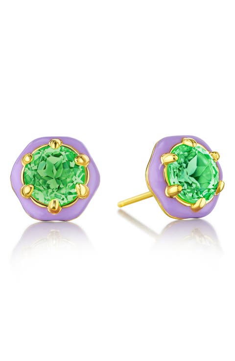 Amanda 14K Gold Plated Purple Enamel Peridot Stud Earrings