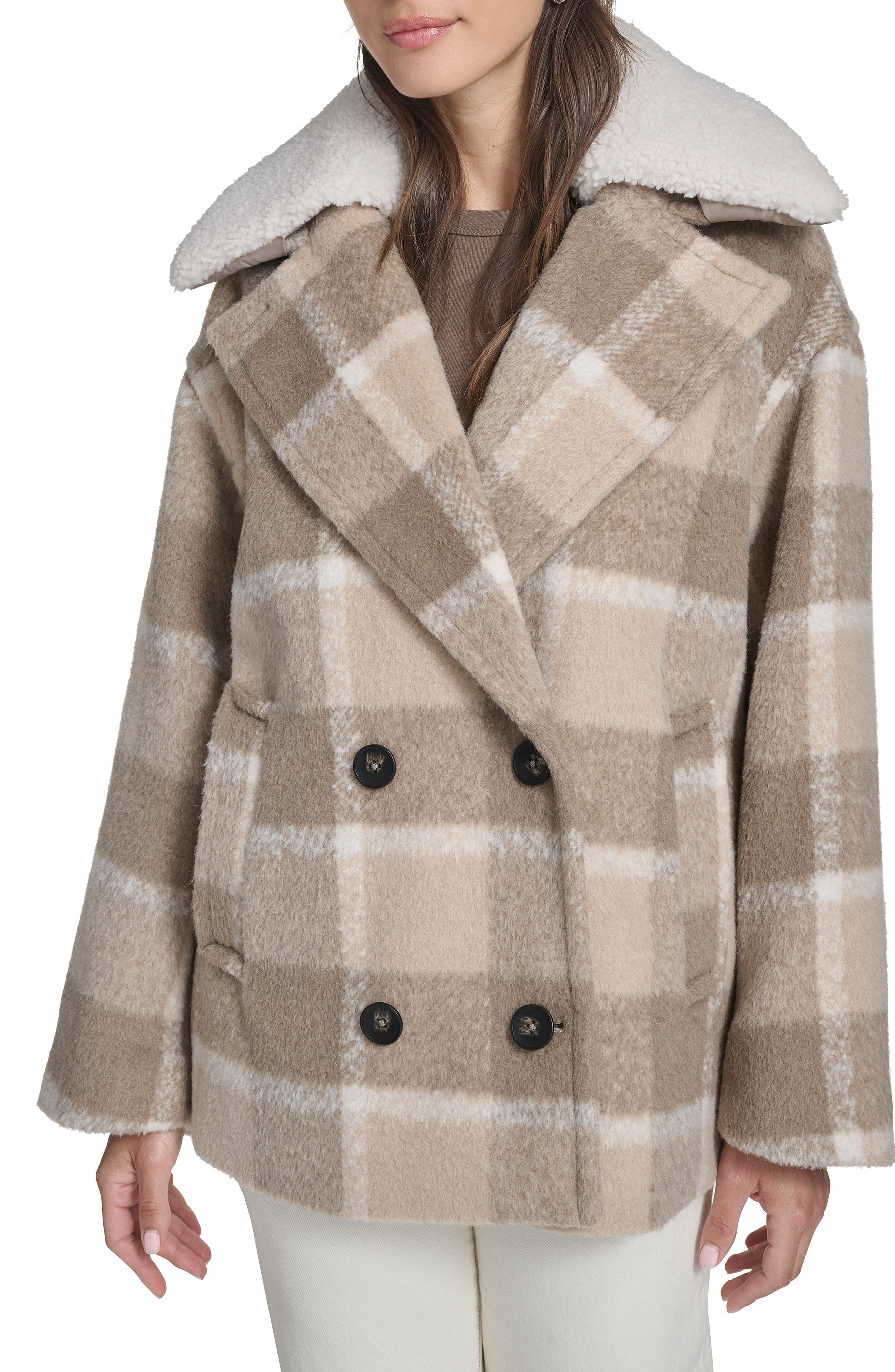 Plaid Short Peacoat with Removable Faux Shearling Collar