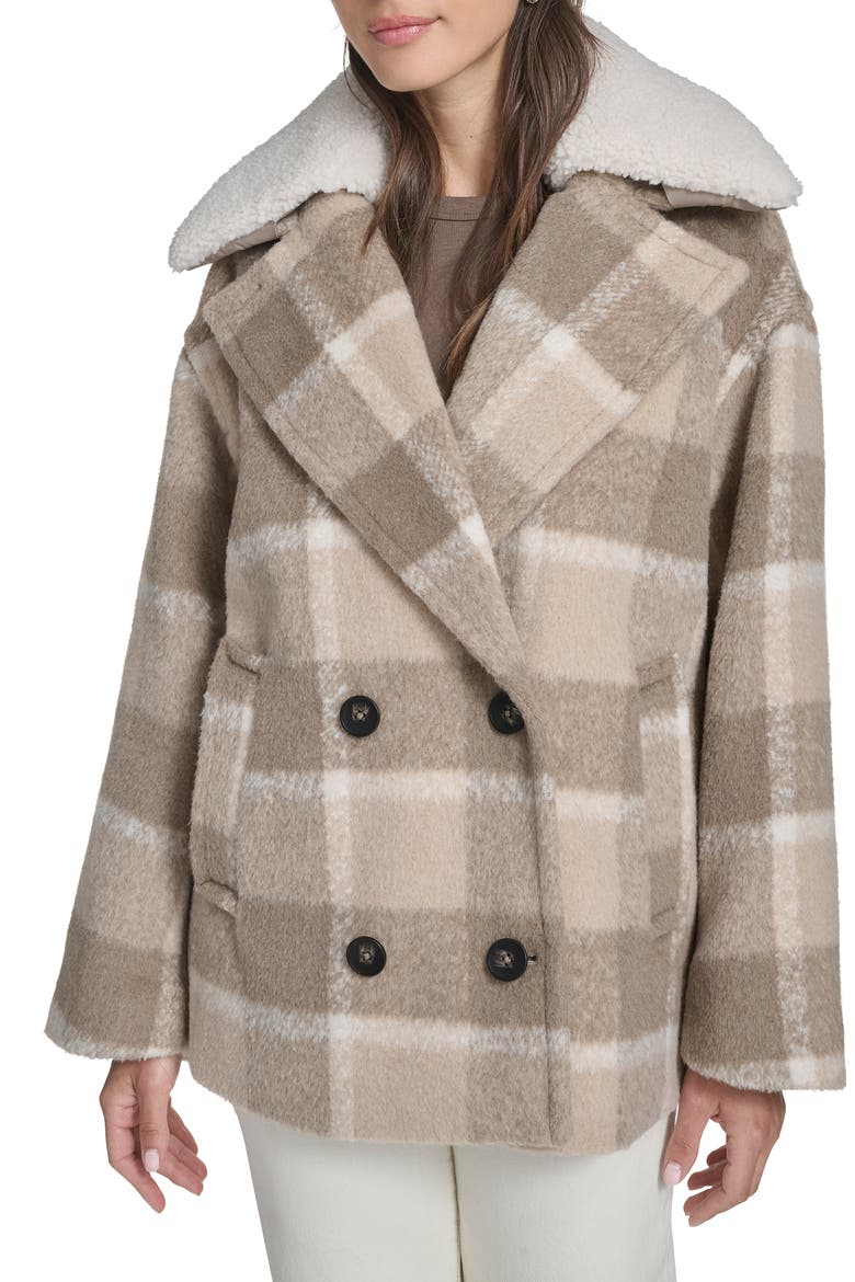 Plaid Short Peacoat with Removable Faux Shearling Collar, Main, color, CAMEL COMB
