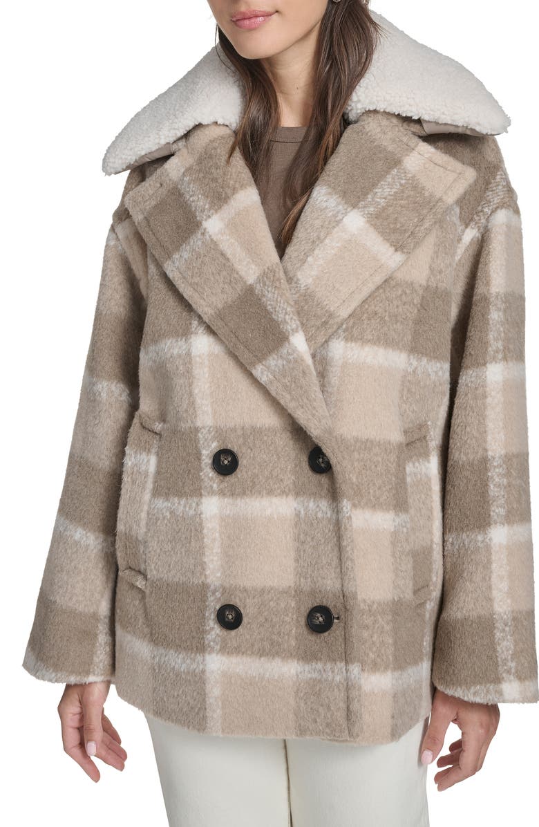 Levi's<sup>®</sup> Plaid Short Peacoat with Removable Faux Shearling Collar, Main, color, Camel Comb