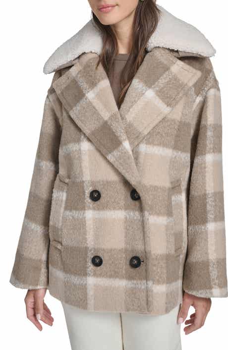 Plaid Short Peacoat with Removable Faux Shearling Collar