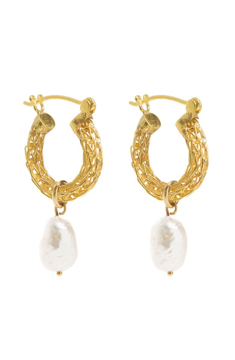 Freya Rose Gold Weave Mini Hoops with Baroque Pearl, Main, color, 