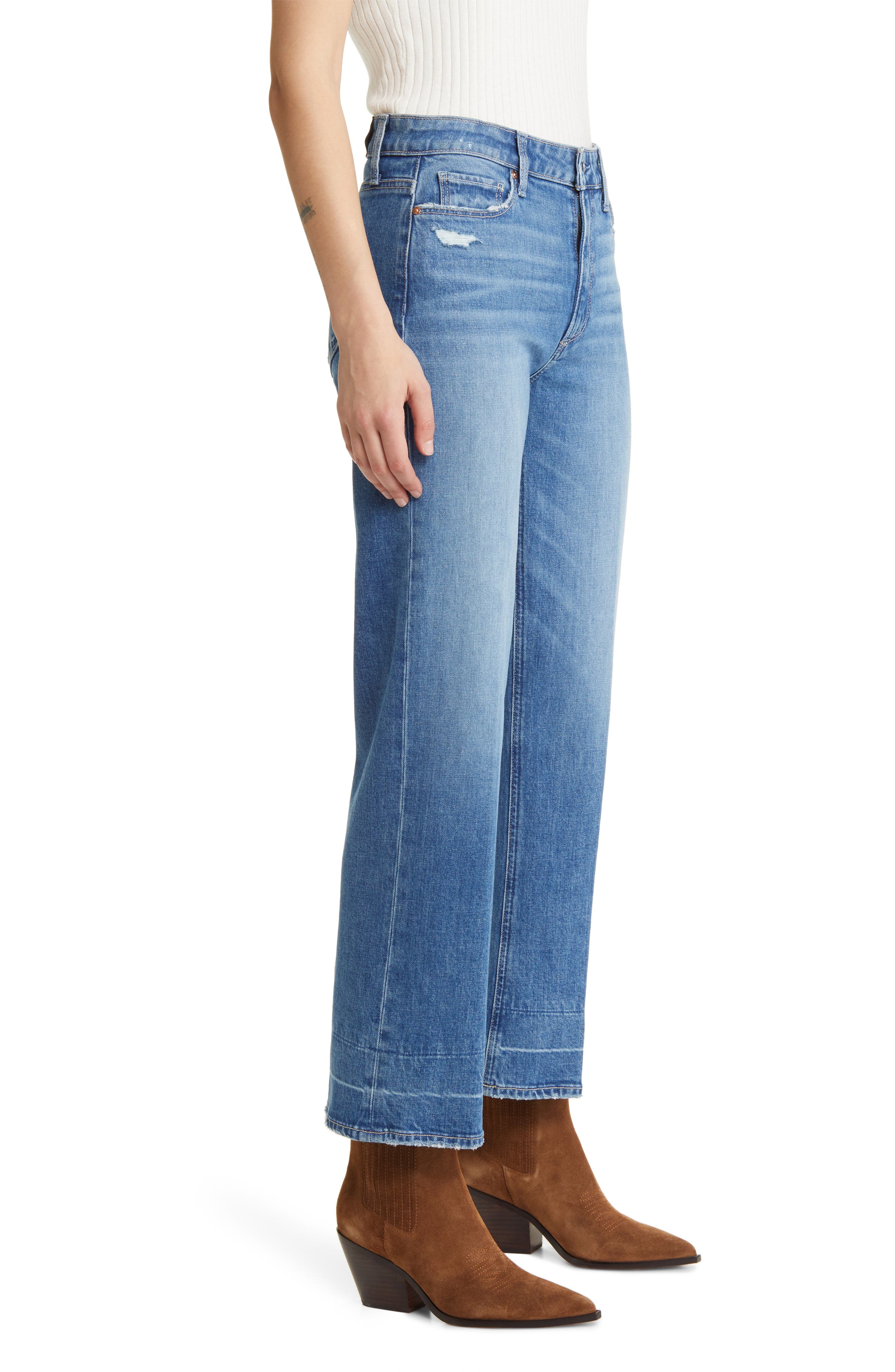 PAIGE Women's Leenah Wide Leg White Jeans – Ankle Length With Exposed Buttons, Comfort Stretch Denim
