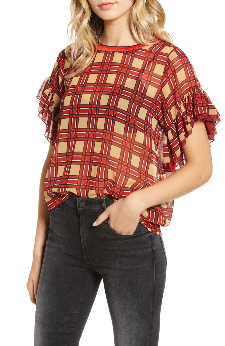 Scotch & Soda Mix Print Ruffle Sleeve Top, Main, color, 