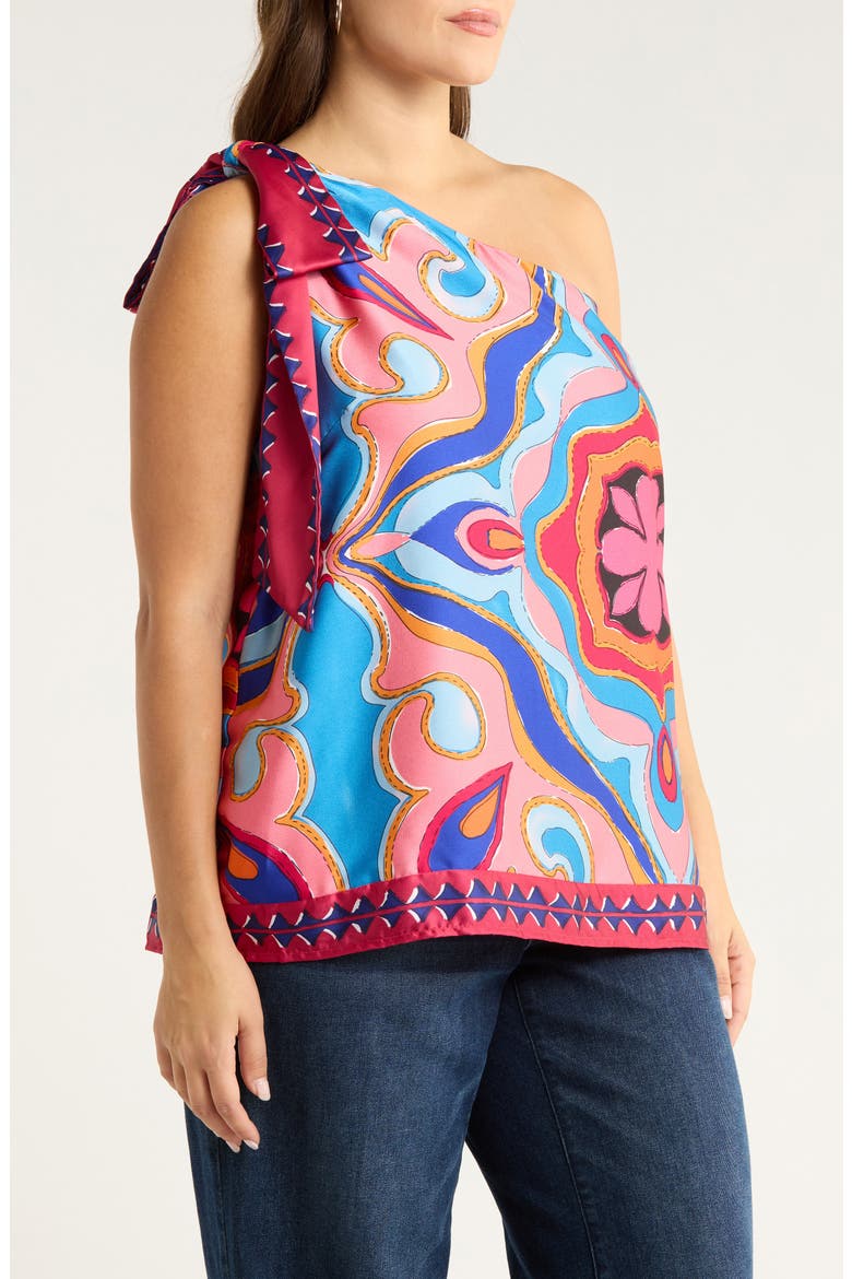 Abstract Print One-Shoulder Top, Alternate, color, RED-MULTI