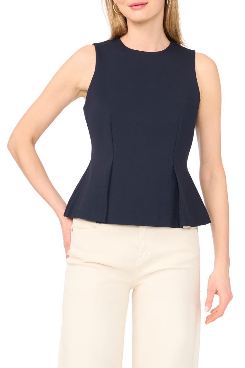 Pleated Ponte Peplum Top, Main, color, BARITONE BLUE