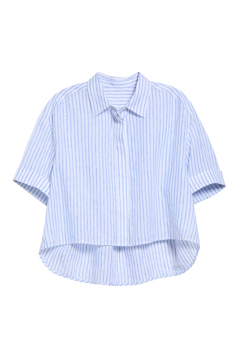 Mel Short Sleeve Button-Up Linen Shirt, Alternate, color, WHITE/ CLASSIC BLUE