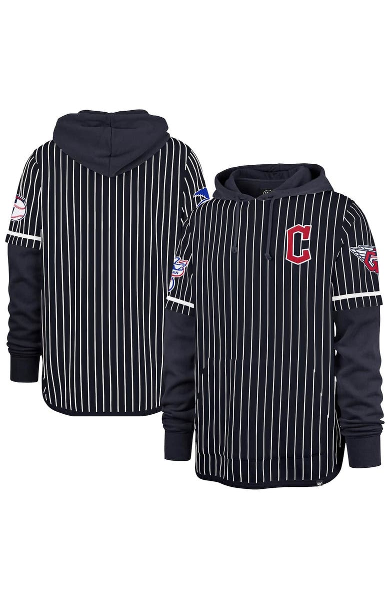 '47 Men's '47 Navy Cleveland Guardians Pinstripe Double Header Pullover Hoodie, Main, color, Navy