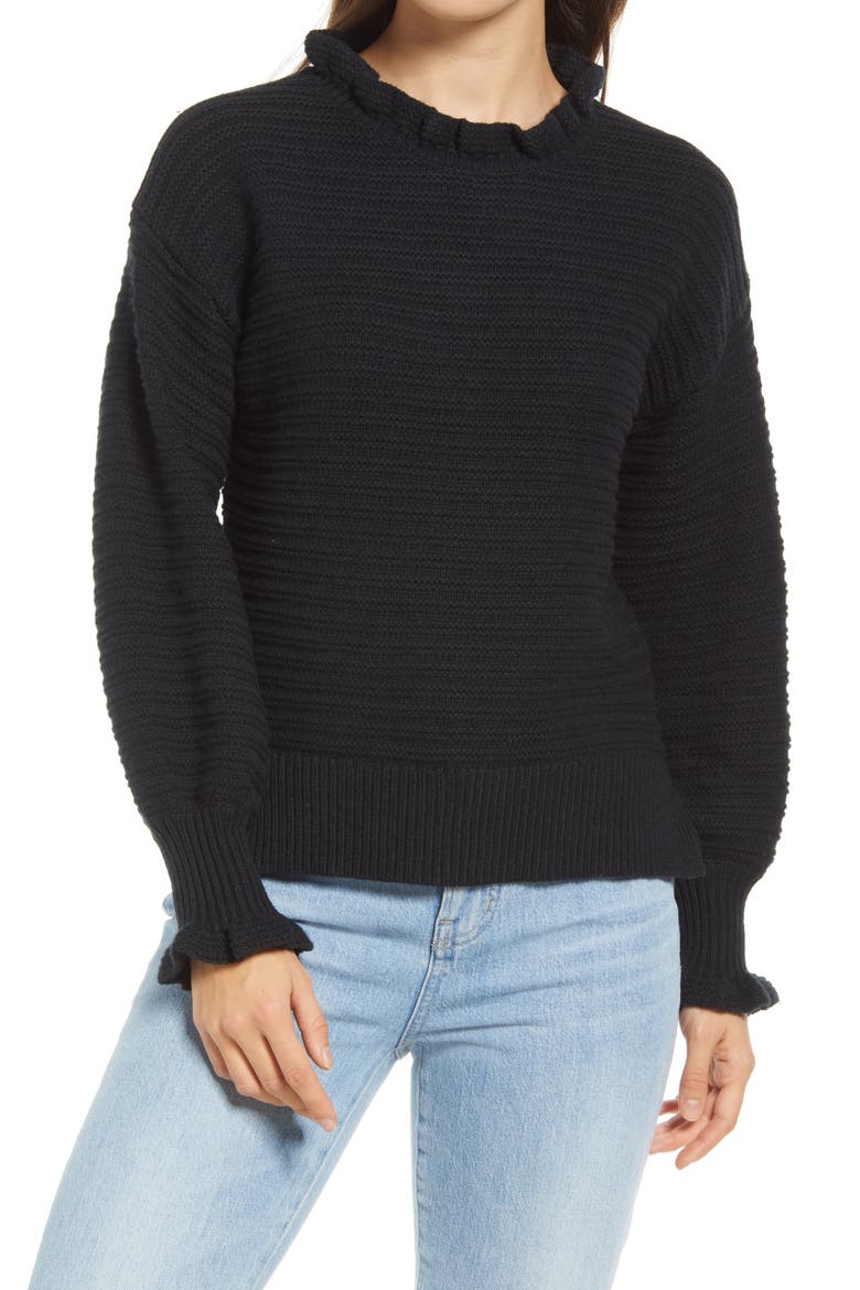 Ruffle Neck Sweater, Main, color, TRUE BLACK