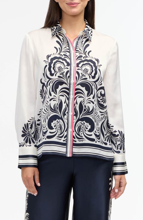 Placed Print Long Sleeve Button-Up Shirt