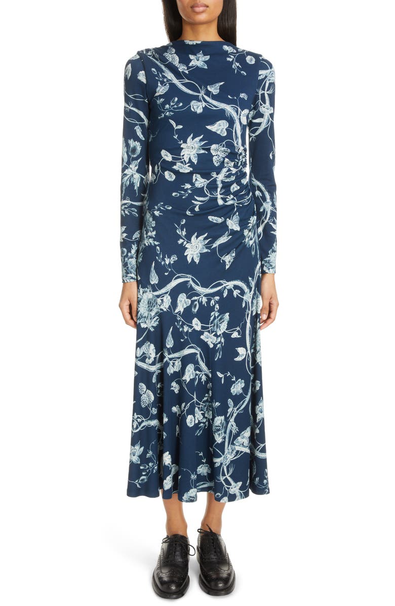Erdem Floral Long Sleeve Ruched Jersey Dress, Main, color, 