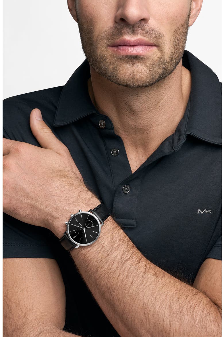 Blake Multifunction Leather Strap Watch, 42mm, Alternate, color, SILVER