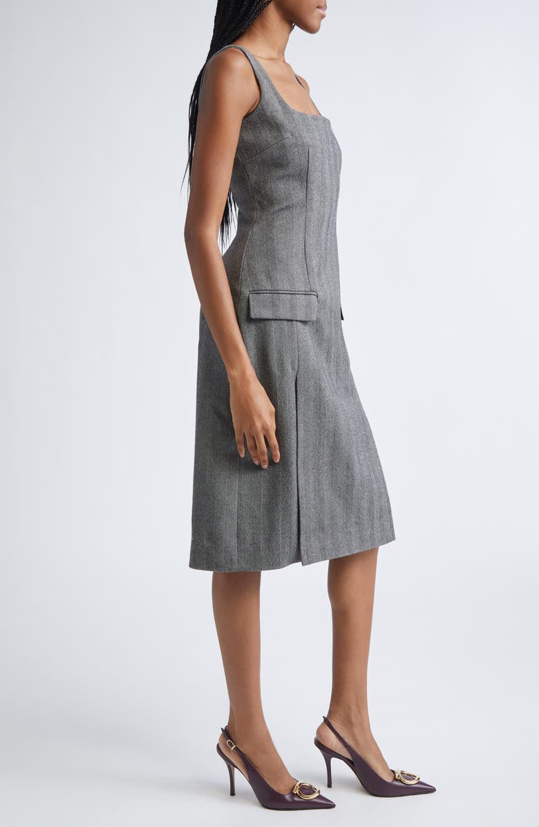 FERRAGAMO Sleeveless Herringbone Virgin Wool Blend Dress, Alternate, color, Nero/ White Sand